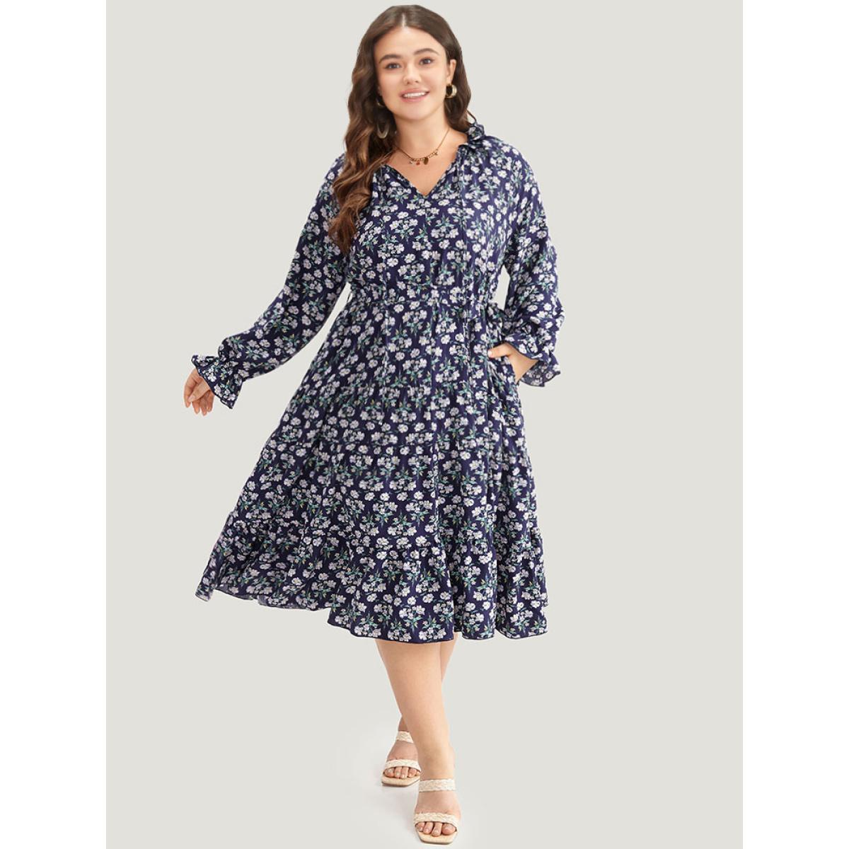 Plus Size Ditsy Floral Pocket Tie Neck Frill Trim Dress Indigo Women Vacation Cross straps Tie Neck Long Sleeve Curvy Midi Dress BloomChic 12/L Product Image