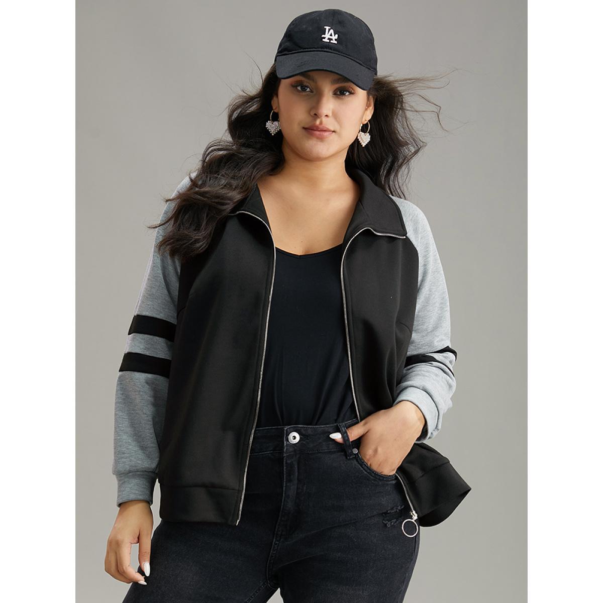 Plus Size Contrast Contrast Trim O Ring Zipper Jacket Women Black Contrast Everyday Jackets BloomChic 22-24/3X Product Image