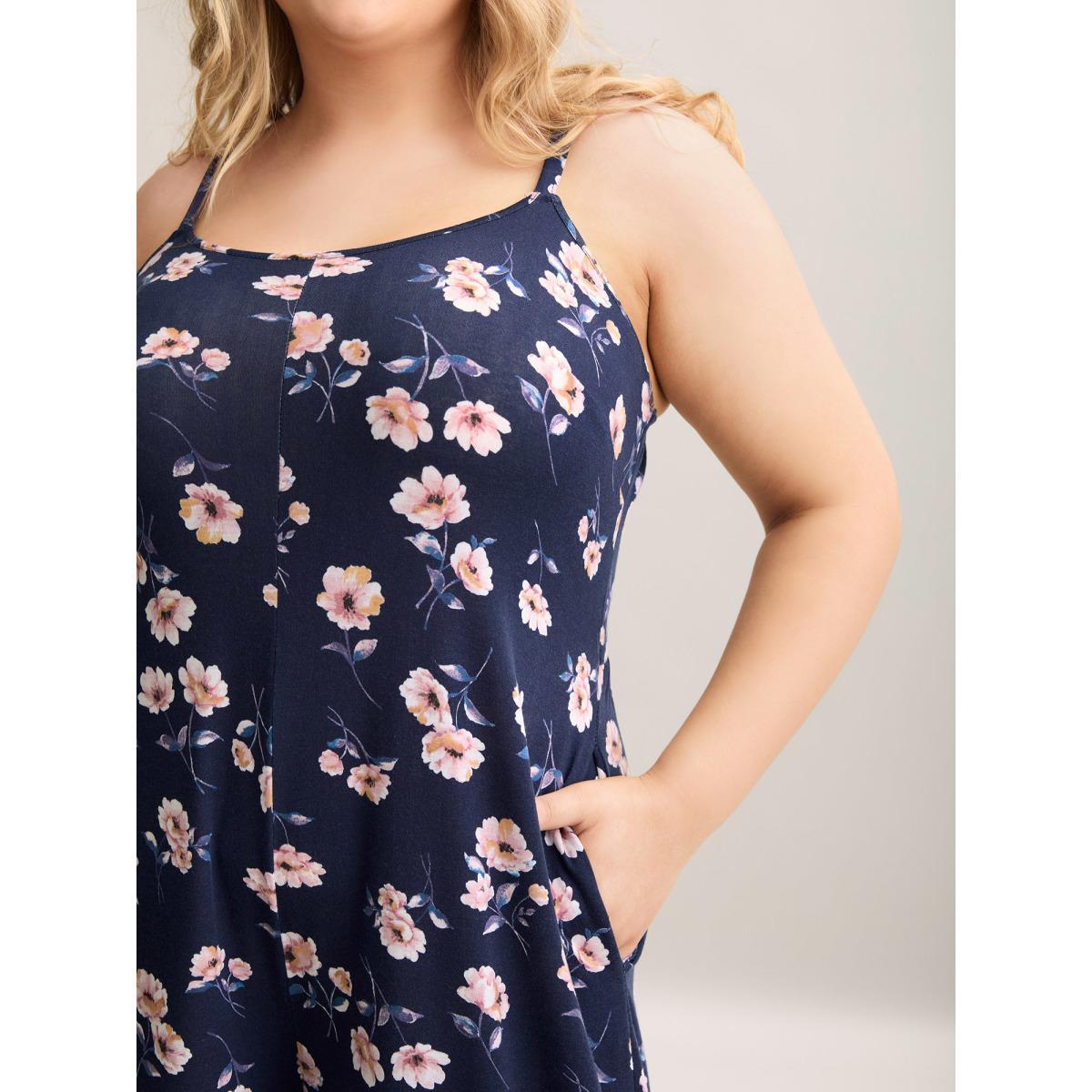 Plus Size DarkBlue Floral Print Adjustable Stretchy Pockets Jumpsuit Women Elegant Sleeveless Non Everyday-Elegant Loose Jumpsuits BloomChic 26/4X Product Image