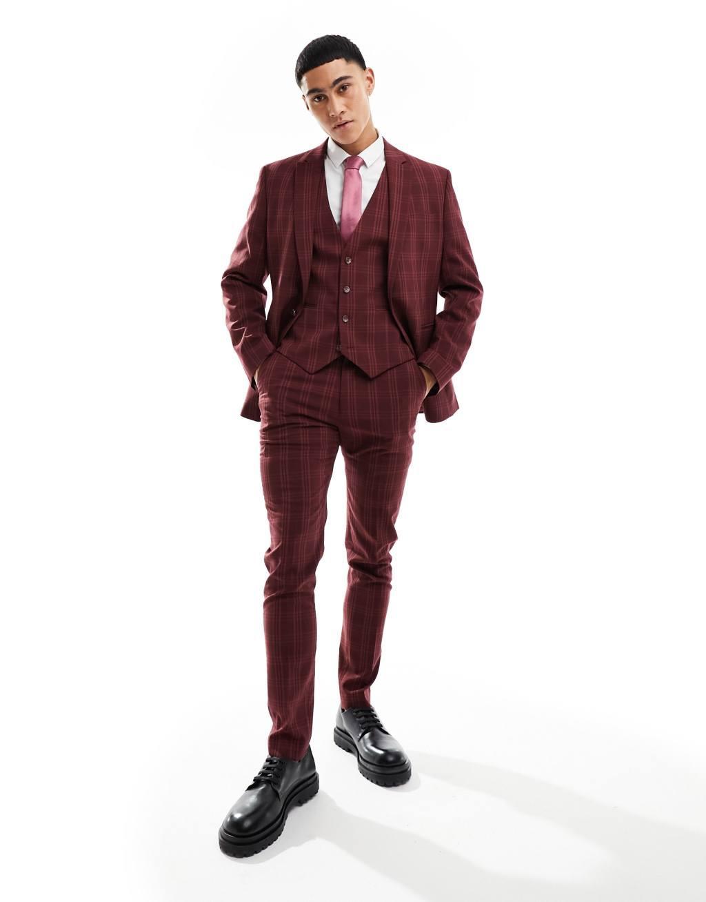 ASOS DESIGN skinny suit jacket in burgundy tonal check Product Image