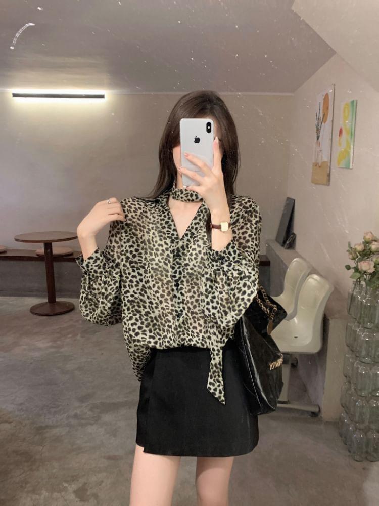 Long-Sleeve V-Neck Leopard Print Crop Blouse Product Image