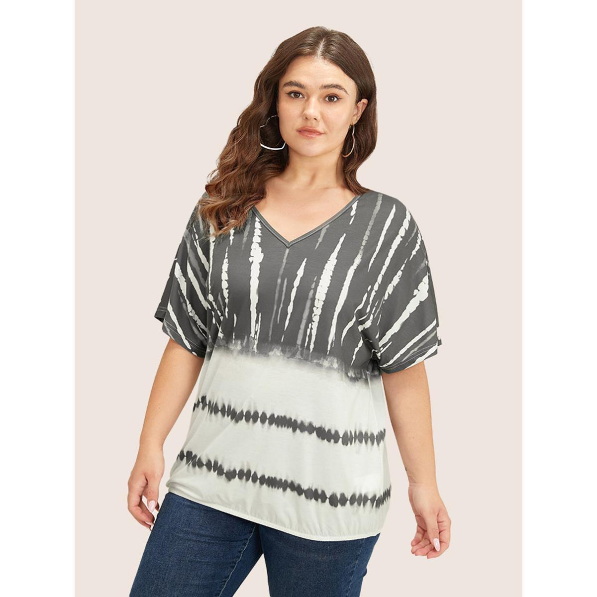 Plus Size Tie Dye Batwing Sleeve T-shirt DimGray Women Casual Tie Dye V-neck Everyday T-shirts BloomChic 14-16/1X Product Image