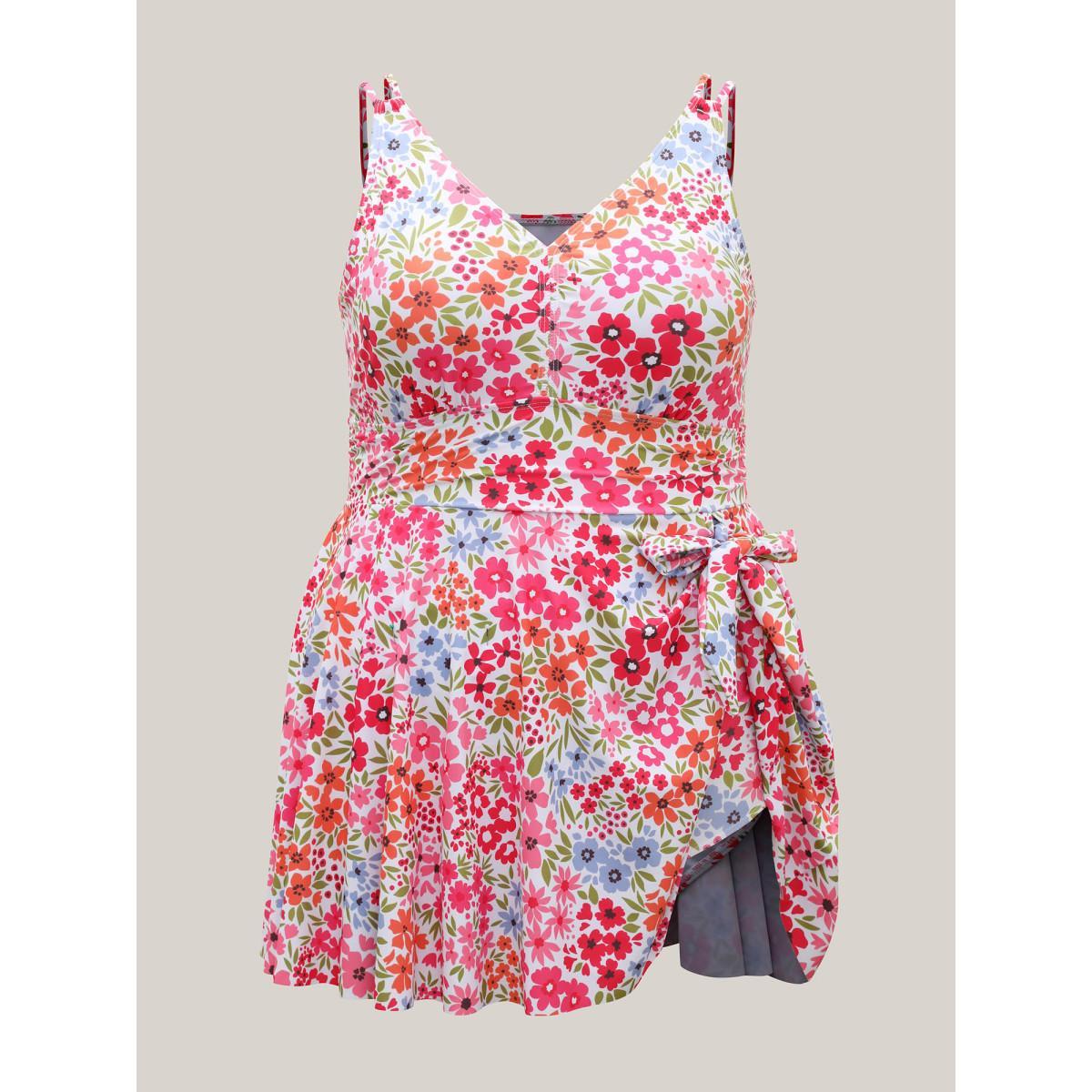 Plus Size Knotted Blooming Floral Print Swim Dress Women's Swimwear Ivory Beach Bodycon V-neck High stretch Curve Swim Dresses BloomChic 14-16/1X Product Image