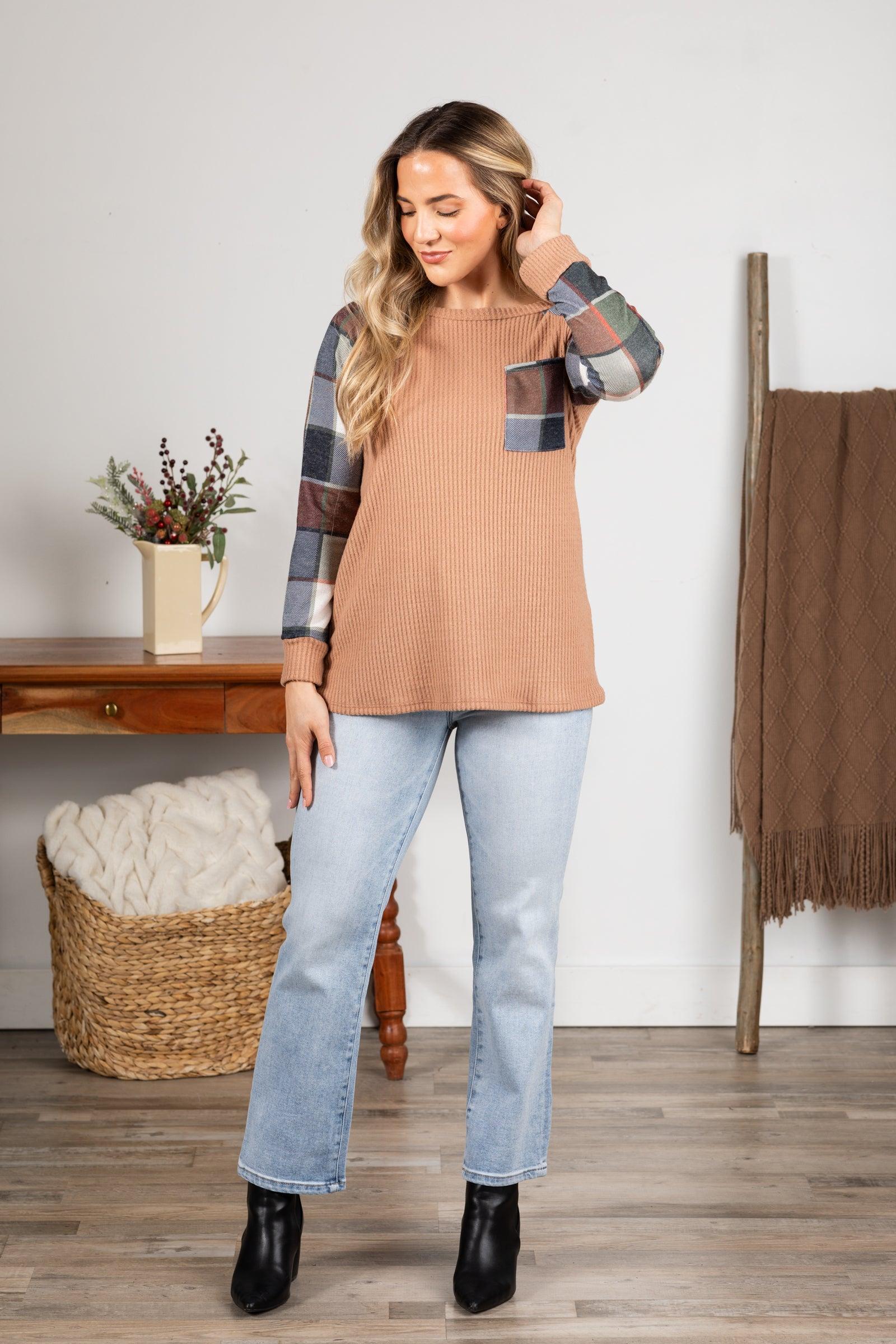 Waffle And Plaid Knit Top With Pocket Product Image