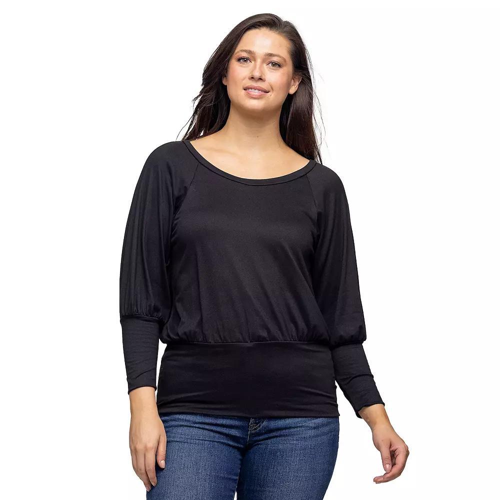 Women's 24Seven Comfort Apparel Round Neck Long Blouson Sleeve Banded Bottom Top, Size: Medium, Grey Product Image