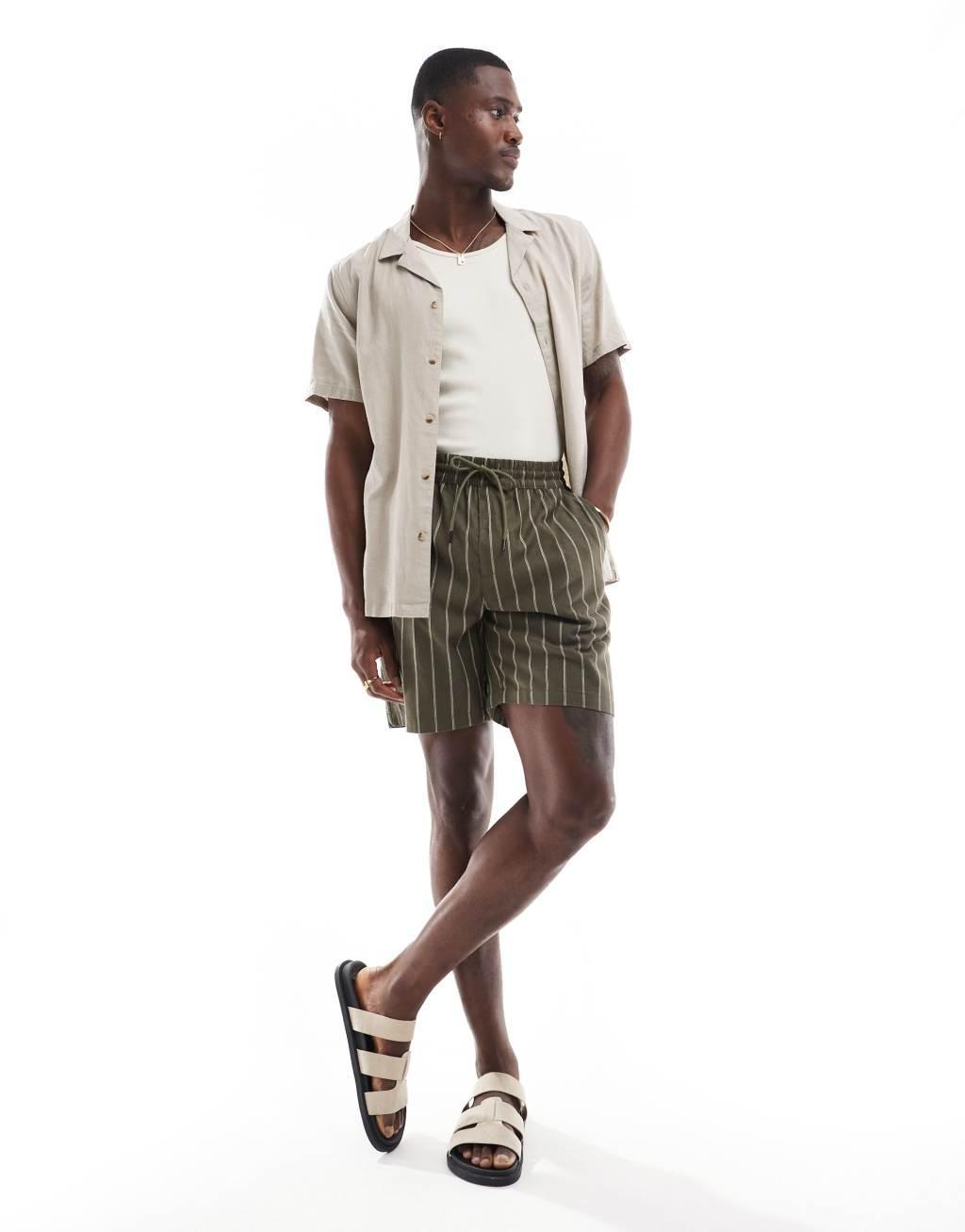 ONLY & SONS pull on linen mix shorts in olive stripe Product Image