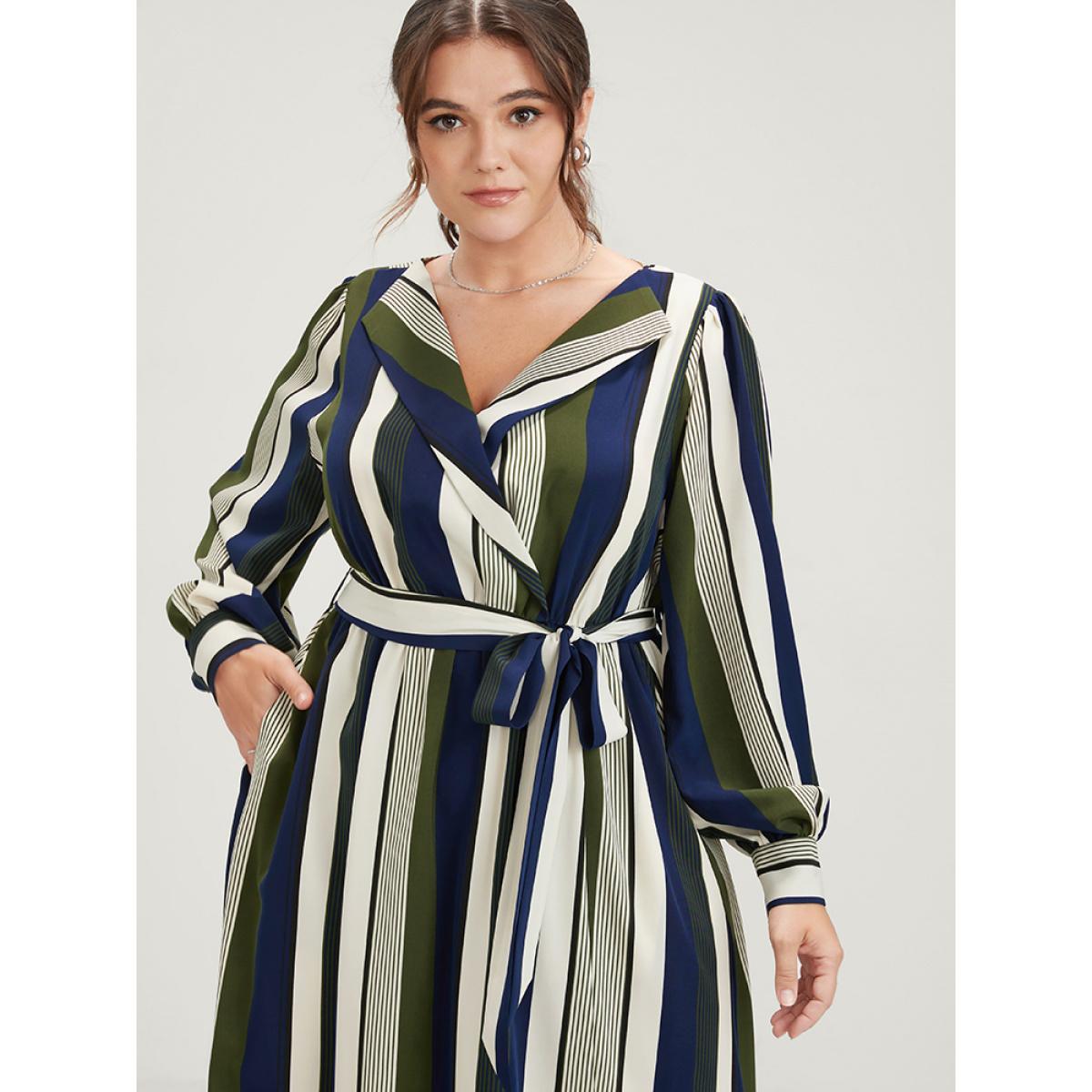 Plus Size Striped Pocket Split Belted Lapel Collar Midi Dress ArmyGreen Women Office Pocket Lapel Collar Long Sleeve Curvy Midi Dress BloomChic 10/M Product Image