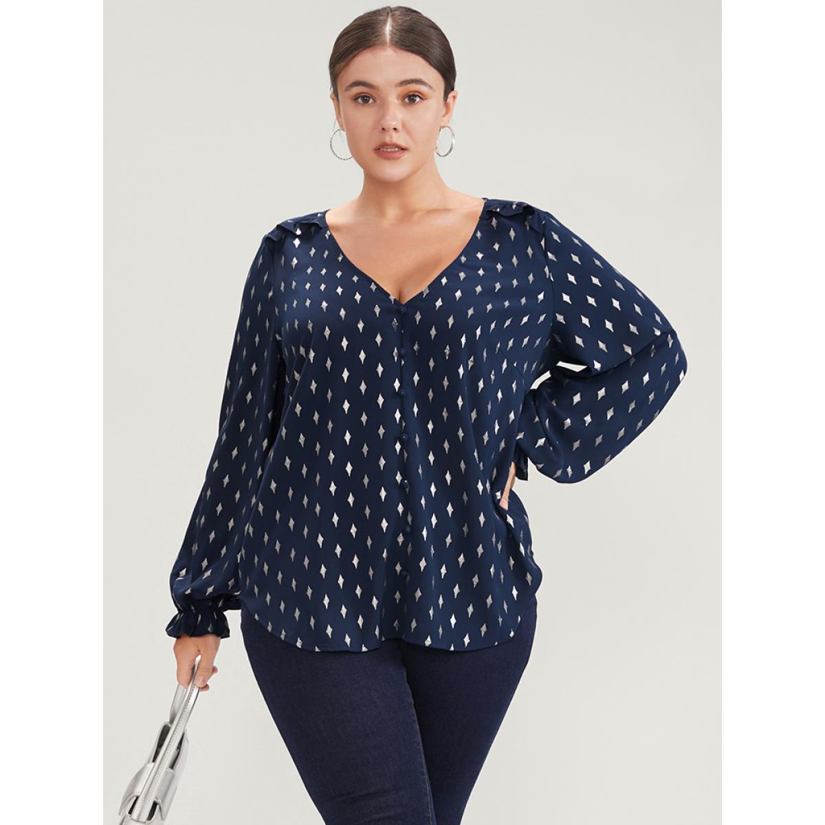 Plus Size Indigo Geometric Print Lantern Sleeve V Neck Blouse Women Party Long Sleeve V-neck Going out Blouses BloomChic 10/M Product Image
