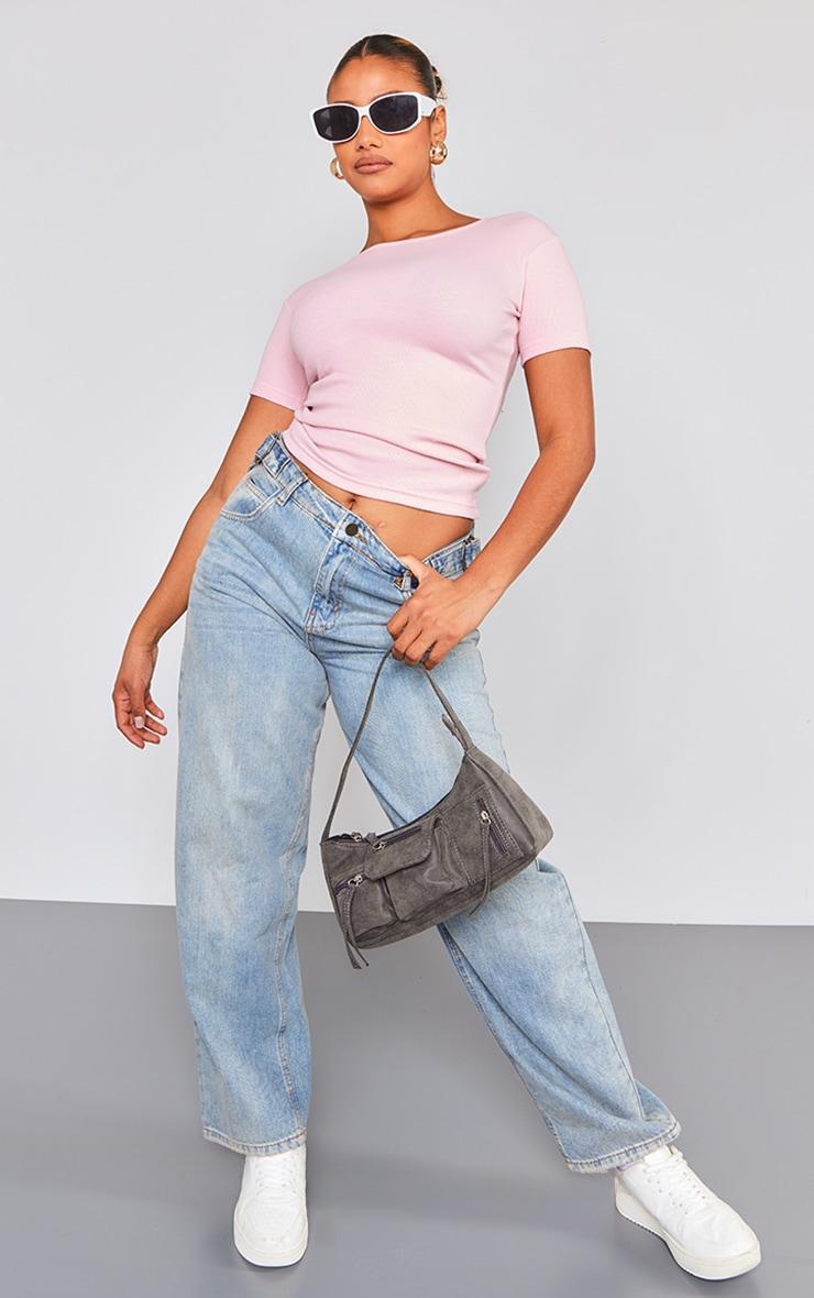 Pink Ribbed Short Sleeve T Shirt Product Image