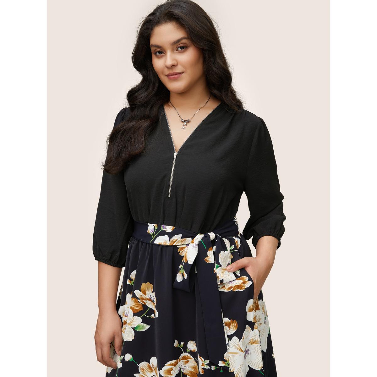 Plus Size Floral Patchwork Half Zip Belted Lantern Sleeve Dress BlackFlower Women Elegant Elastic cuffs V-neck Elbow-length sleeve Curvy Midi Dress BloomChic 30/6X Product Image