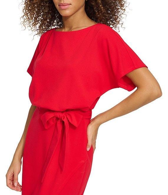 Kensie Textured Knit Boat Neck Self-Tie Waist Faux Wrap Blouson Dress Product Image