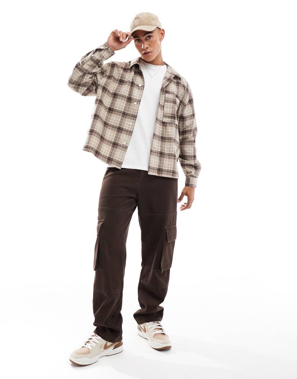 ASOS DESIGN oversized long sleeve shirt in beige plaid Product Image
