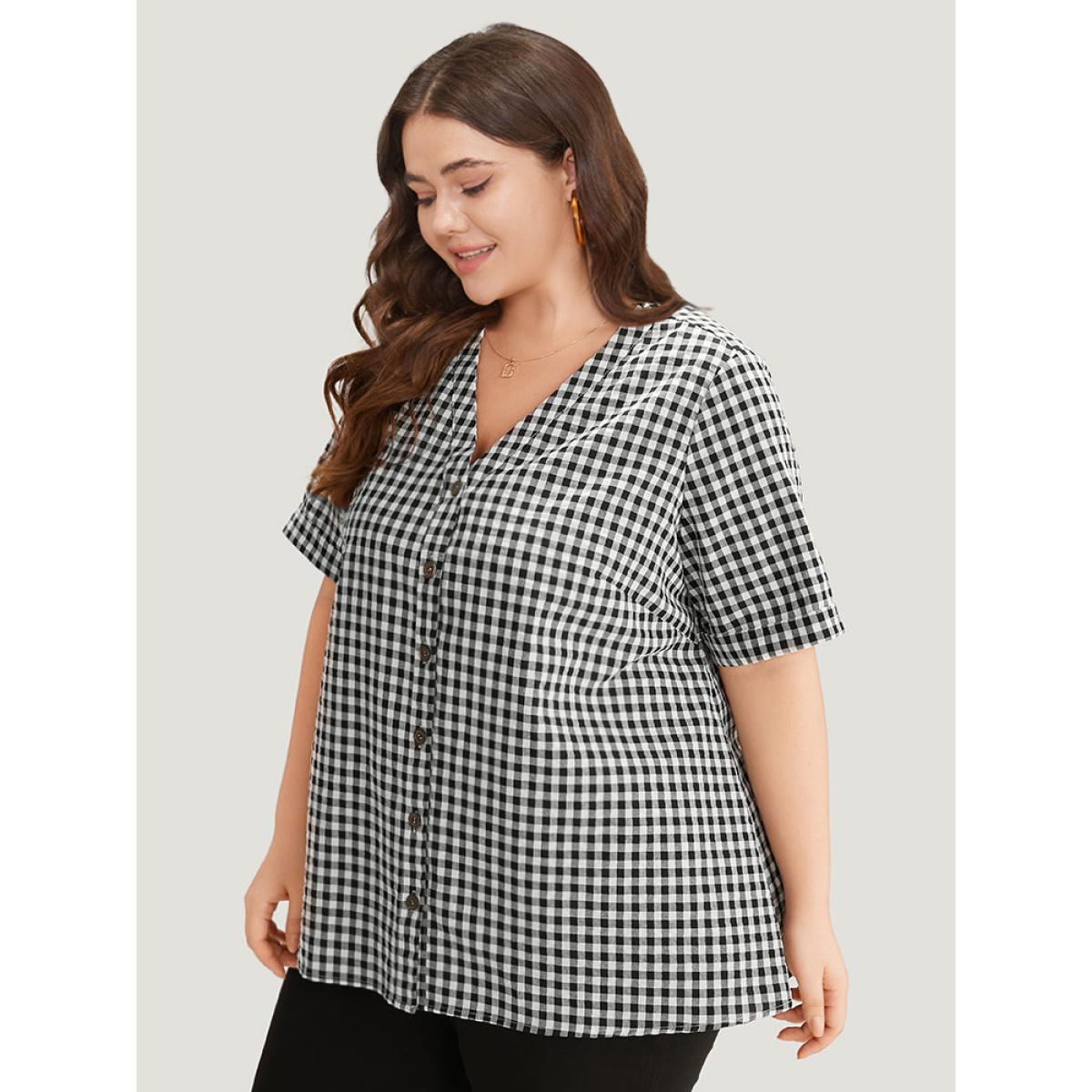 Plus Size Black Gingham V Neck Button Through Blouse Women Office Short sleeve V-neck Work Blouses BloomChic 12/L Product Image
