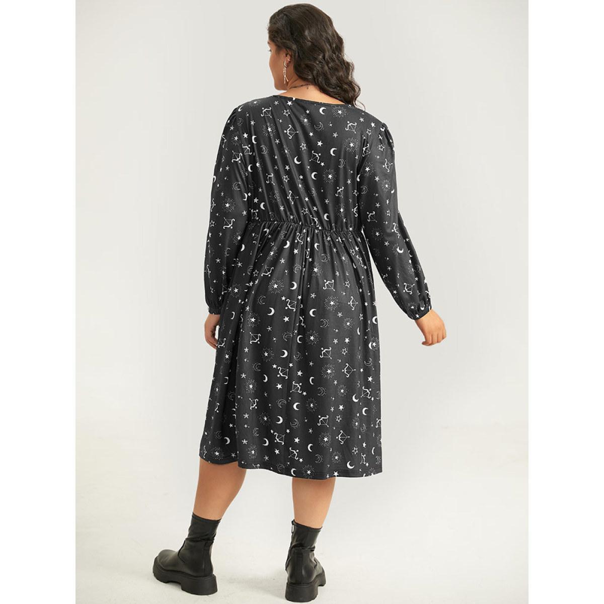 Plus Size Halloween Moon & Star Print Elastic Waist Lantern Sleeve Dress Black Women Casual Elastic cuffs Square Neck Long Sleeve Curvy Midi Dress BloomChic 18-20/2X Product Image