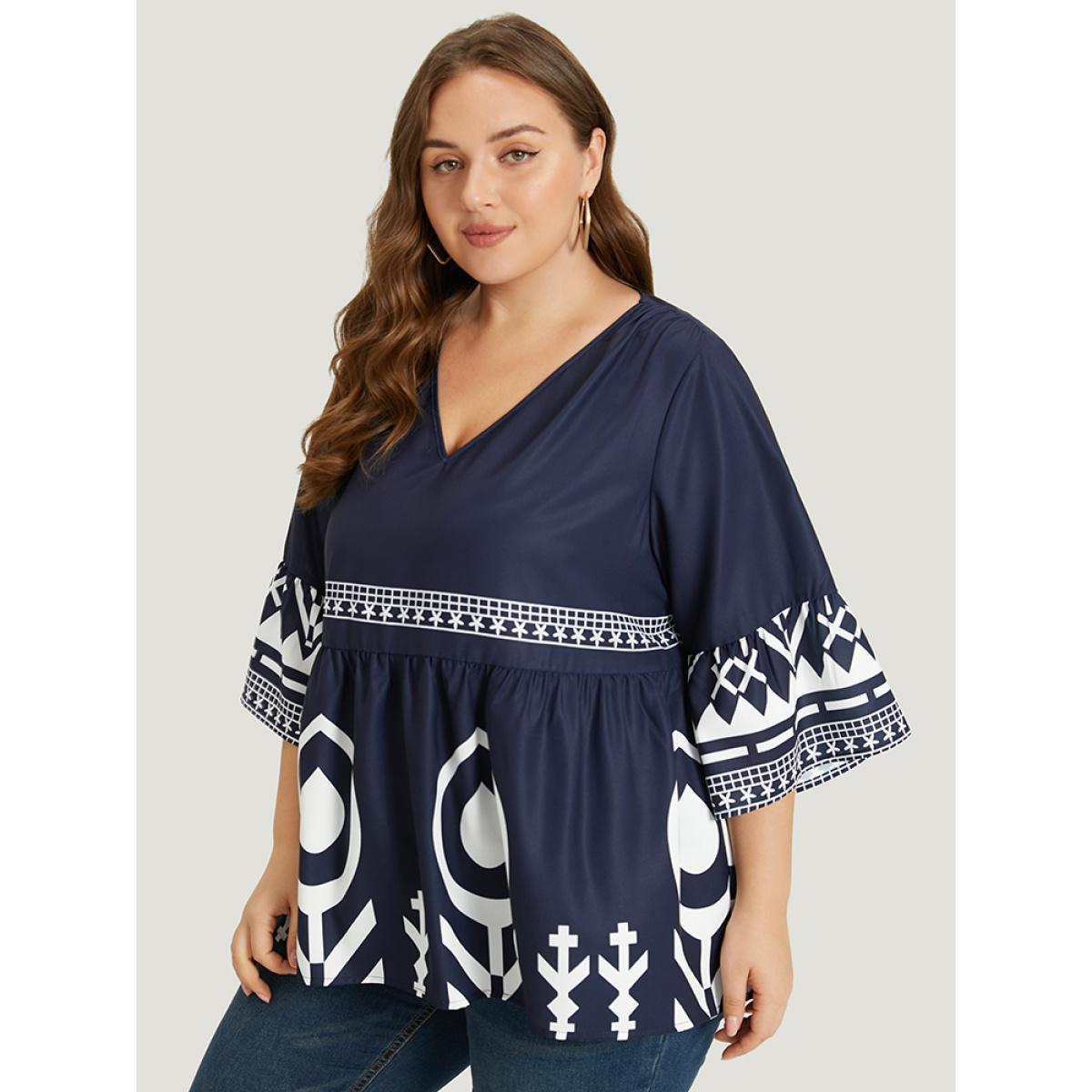 Plus Size Midnight Silhouette Floral Print Bell Sleeve Ruffle Hem Blouse Women Vacation Elbow-length sleeve V-neck Dailywear Blouses BloomChic 30/6X Product Image