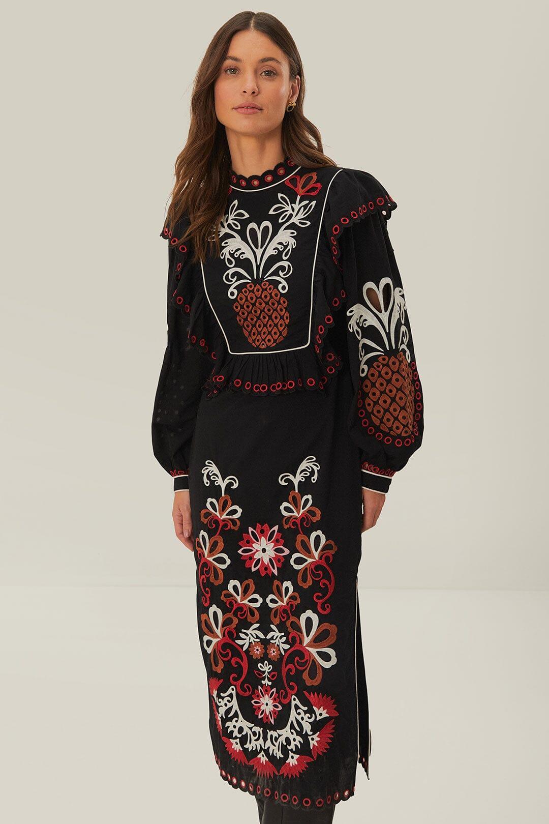 Cashew Mandala Richilieu Long Sleeve Maxi Dress, CASHEW MANDALA BLACK / S Product Image
