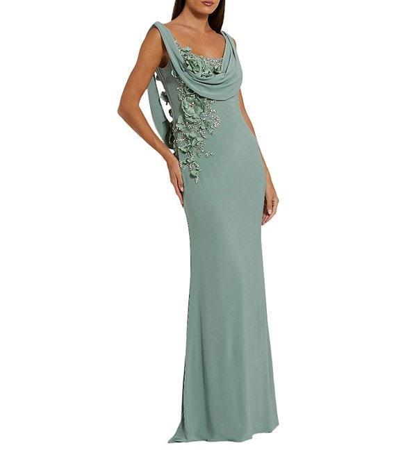 Mac Duggal Drape Neckk 3D Floral Applique Jersey Column Gown Product Image