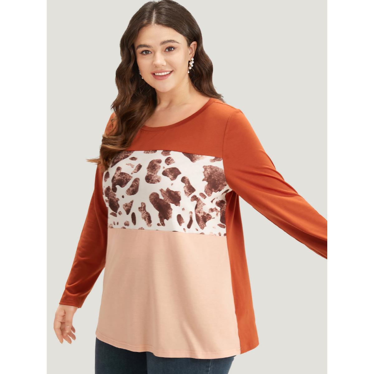 Plus Size Halloween Cow Pattern Contrast Patchwork T-shirt Chocolate Women Casual Patchwork Colorblock Round Neck Dailywear T-shirts BloomChic 18-20/2X Product Image