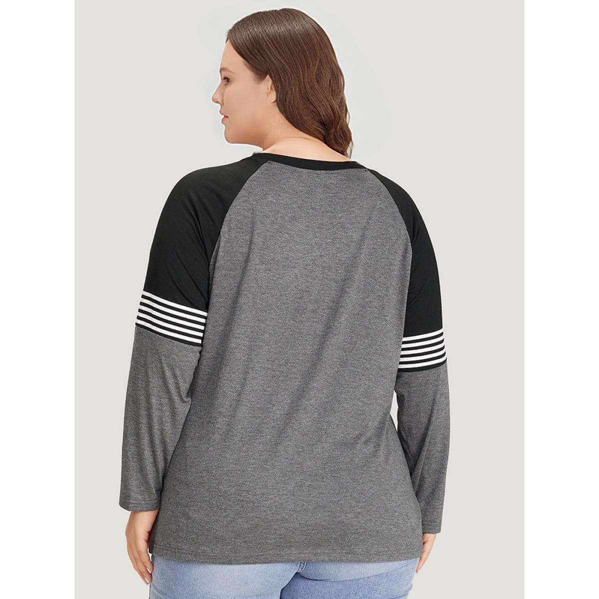 Plus Size Striped Contrast Raglan Sleeve T-shirt Gray Women Casual Striped Round Neck Everyday T-shirts BloomChic 14-16/1X Product Image