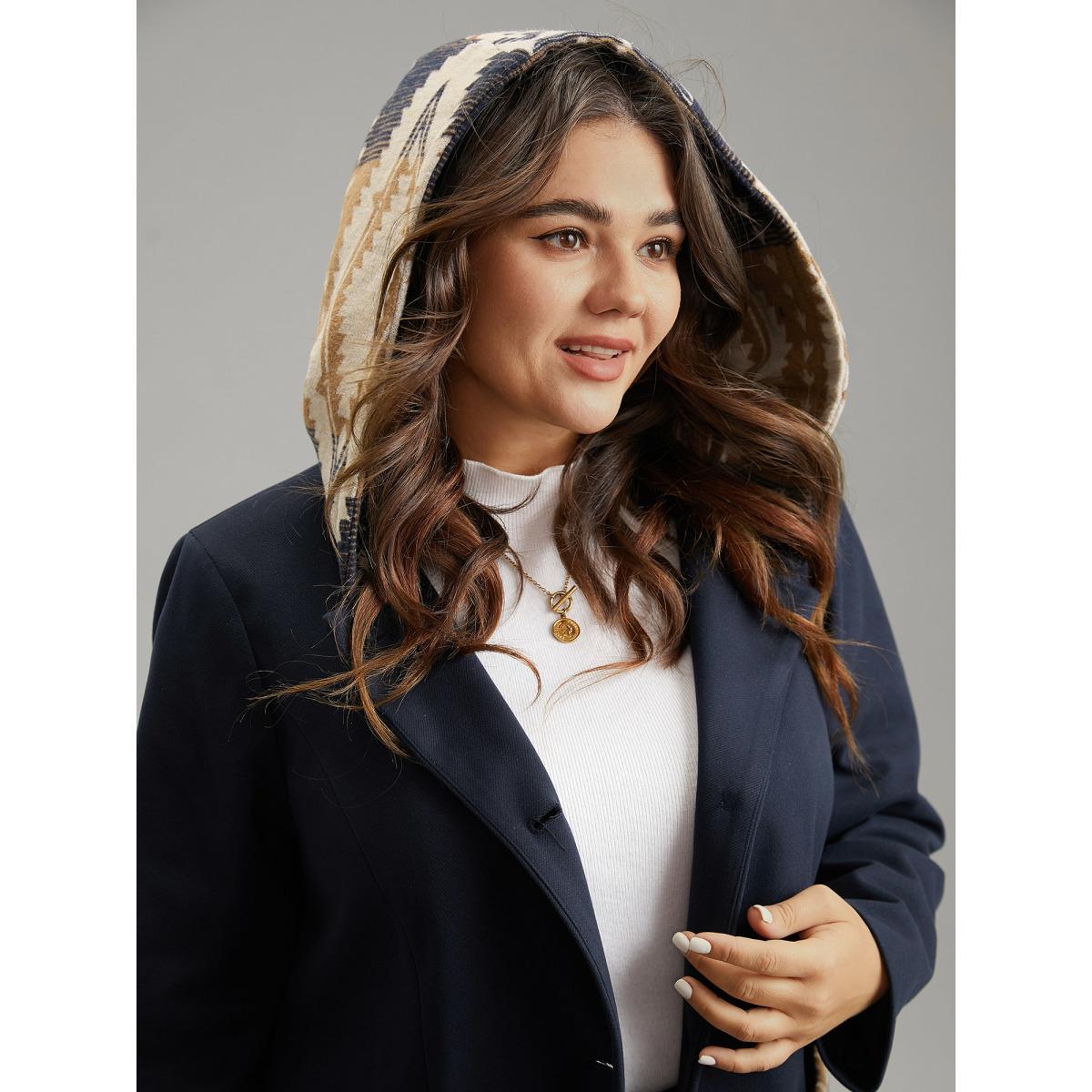 Plus Size Geometric Contrast Hooded Tassel Trim Coat Women Midnight Elegant Lined Ladies Dailywear Winter Coats BloomChic 30/6X Product Image