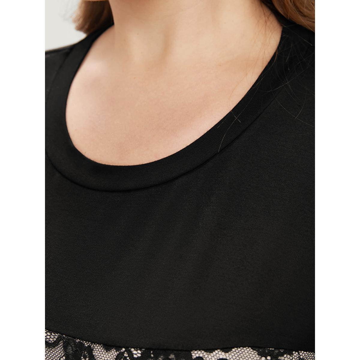 Plus Size Colorblock Contrast Round Neck Lace Insert T-shirt Tan Women Elegant Contrast Colorblock Round Neck Dailywear T-shirts BloomChic 28/5X Product Image