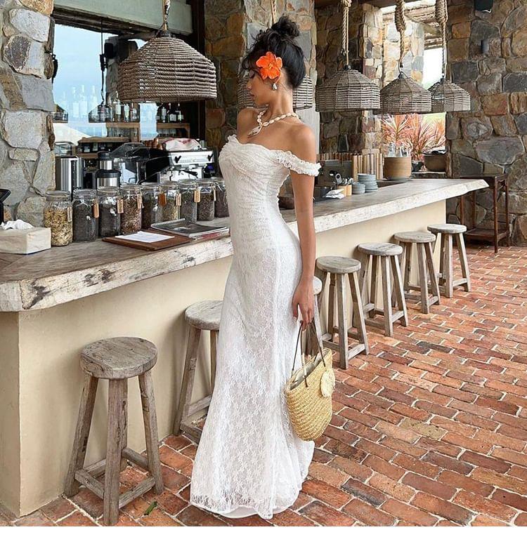 Off-Shoulder Floral Lace Maxi Sundress Product Image