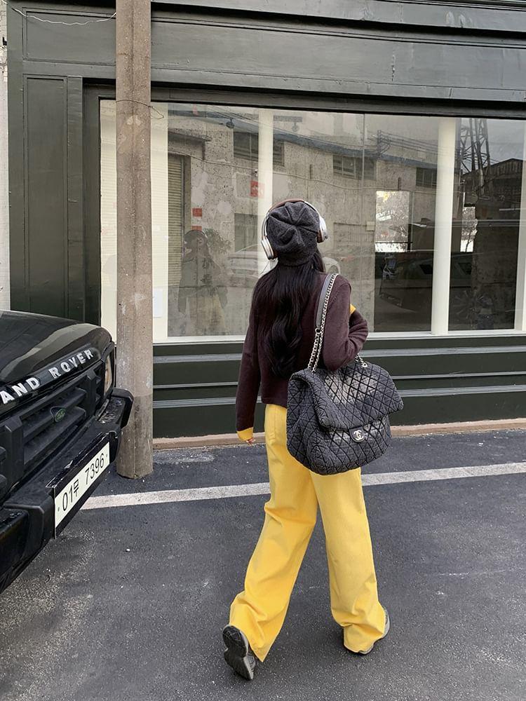 Round Neck Mock Two Piece Cardigan / High Waist Plain Corduroy Wide Leg Pants / Belt / Set Product Image