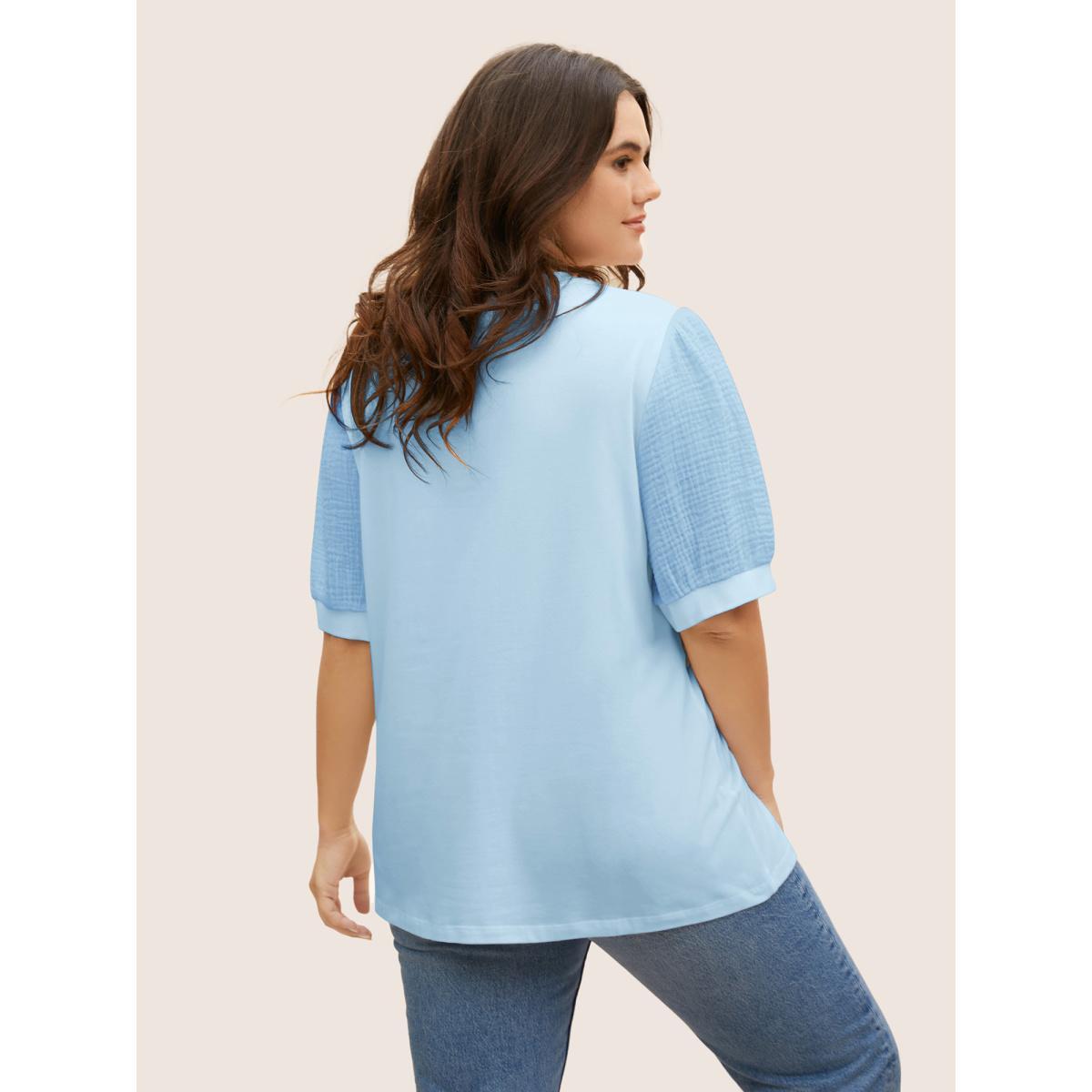 Plus Size Plain Textured Patchwork Lantern Sleeve T-Shirt LightBlue Women Casual Texture Round Neck Everyday T-shirts BloomChic 18-20/2X Product Image