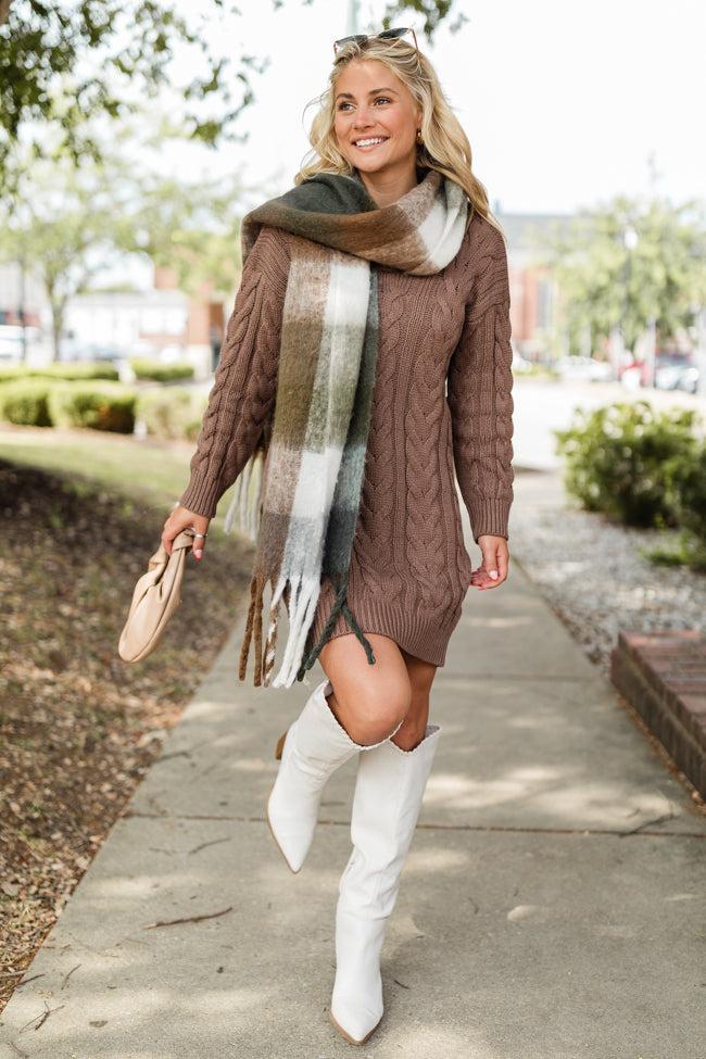 More Than Enough Brown Collared Cable Knit Sweater Dress FINAL SALE Product Image