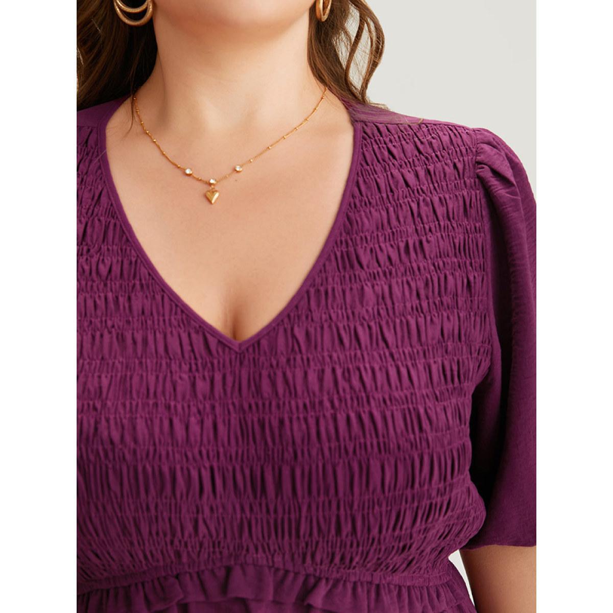 Plus Size Solid Shirred Pocket Frill Trim Layered Dress Purple Women Elegant Plain V-neck Short sleeve Curvy Midi Dress BloomChic 14-16/1X Product Image