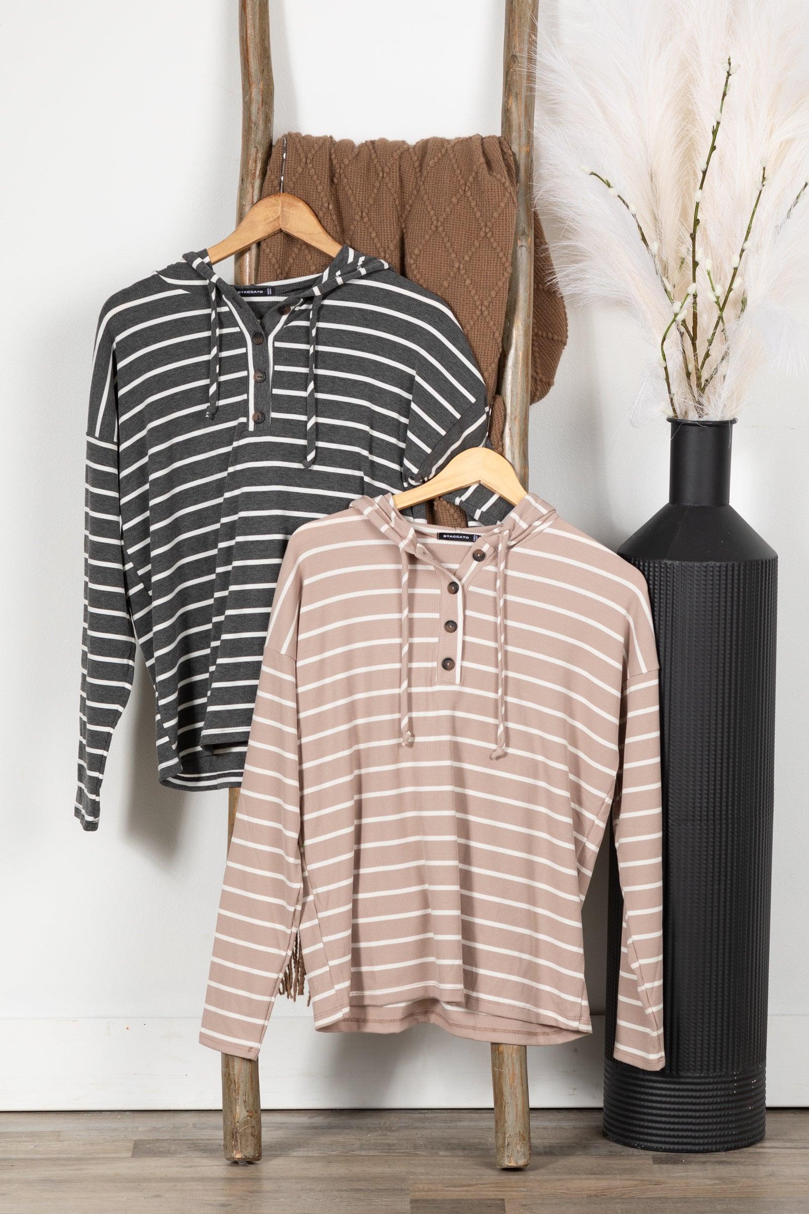 Striped Drawstring Half Button Hoodie Knit Top Product Image