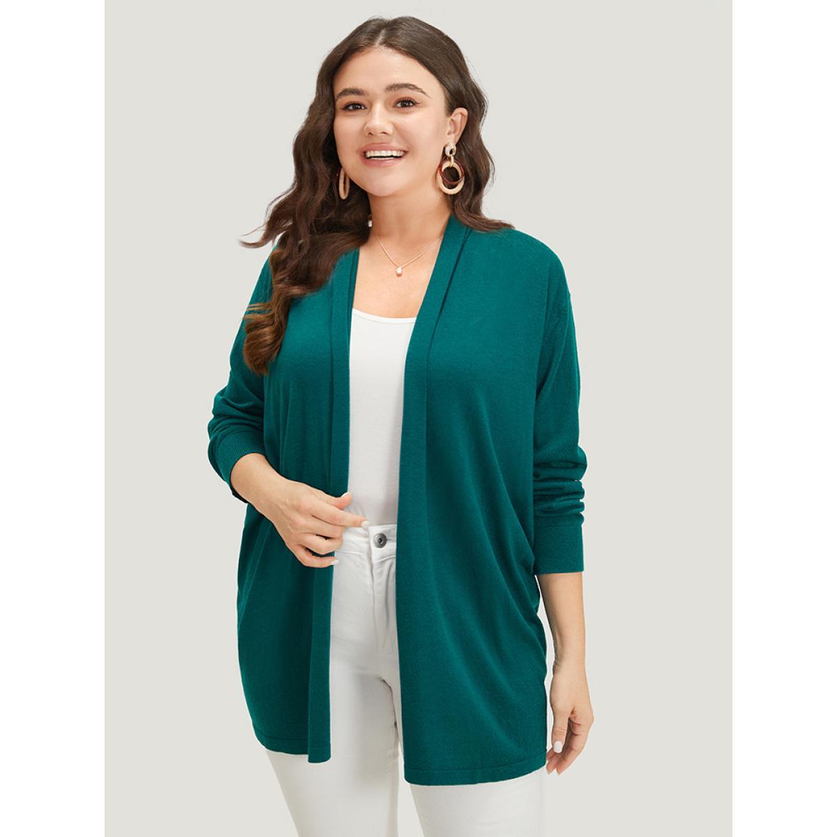 Plus Size Supersoft Essentials Plain Open Front Elastic Cuffs Cardigan Cyan Women Casual Long Sleeve Everyday Cardigans BloomChic 22-24/3X Product Image