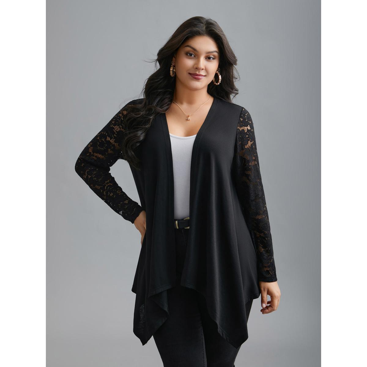 Plus Size Crochet Lace Mesh Asymmetrical Trim Cardigan Women Black Elegant See through Loose Everyday Kimonos BloomChic 22-24/3X Product Image
