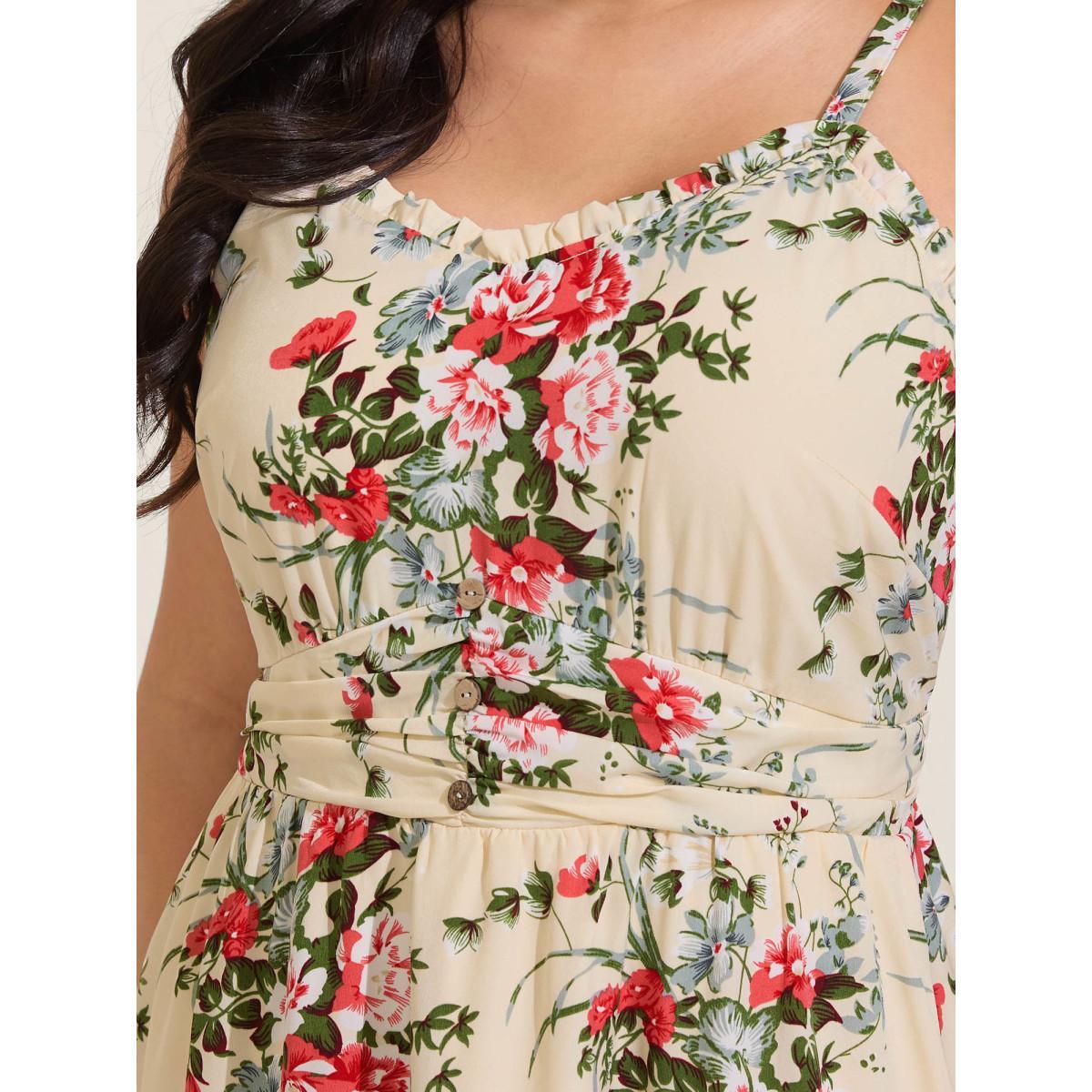 Plus Size Floral Pleated Waist Pockets Midi Dress Apricot Women Non Sleeveless Curvy BloomChic 10/M Product Image