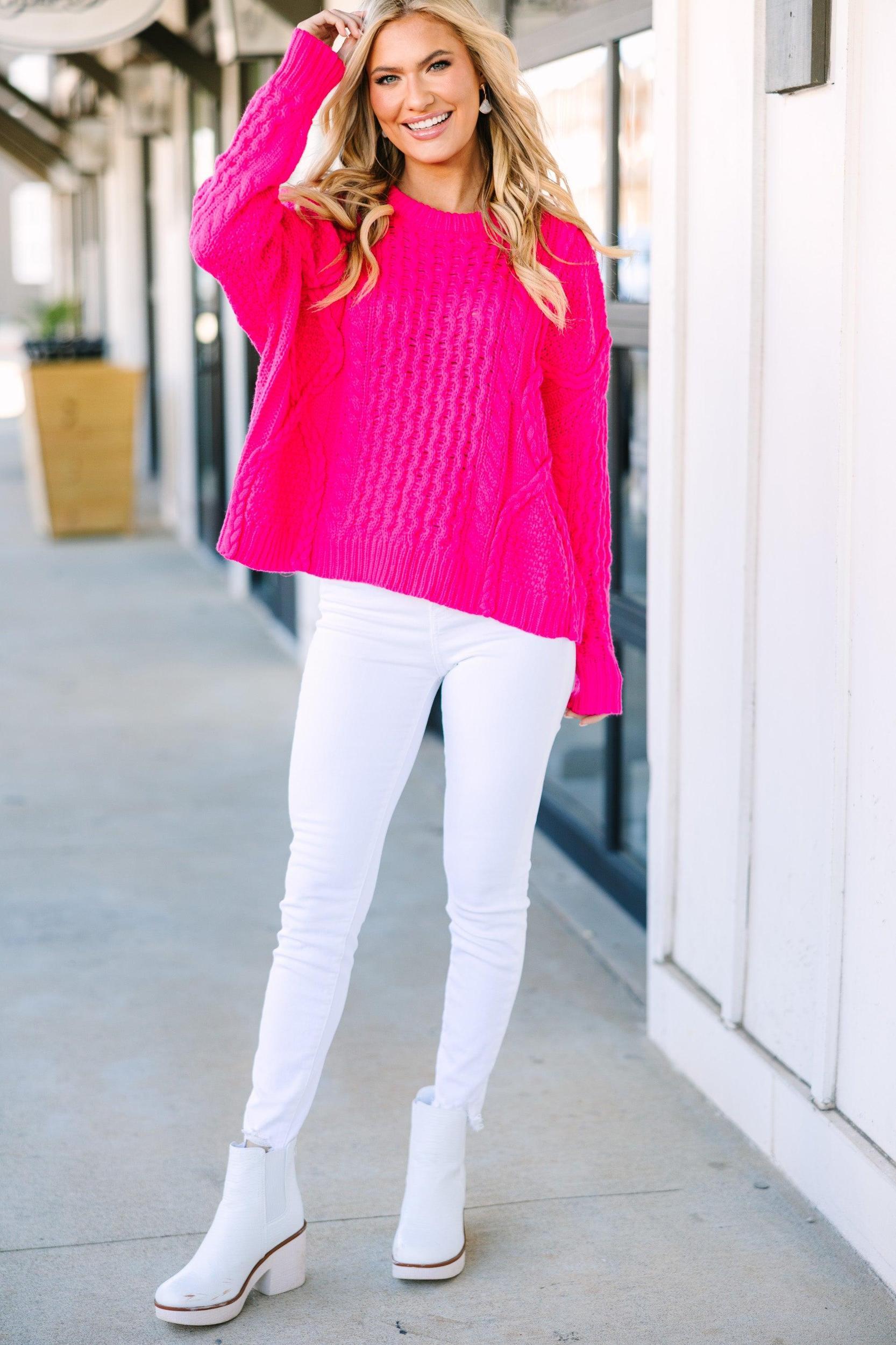 Be The Best Electric Pink Cable Knit Sweater Female Product Image