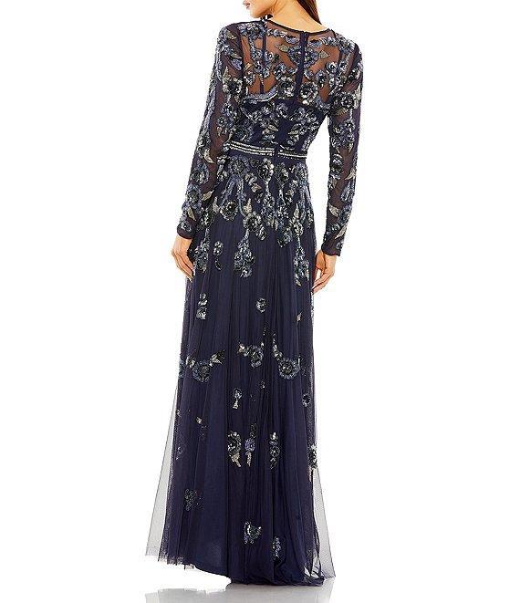 Mac Duggal Illusion Neck Sheer Long Sleeve Floral Beaded Aline Mesh Gown Product Image