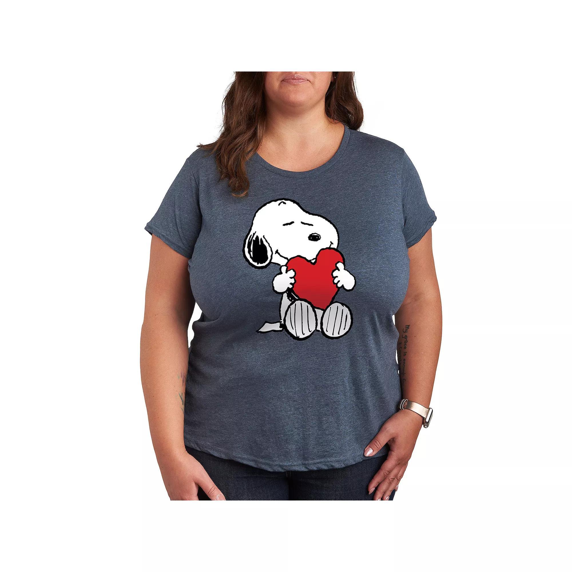 Plus Peanuts Snoppy Valentines Hugging Heart Graphic Tee, Womens Grey Blue Product Image