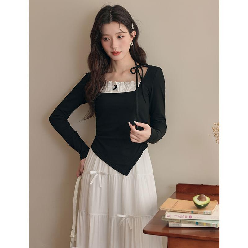 Long-Sleeve Square Neck Asymmetrical Top / High Rise Maxi A-Line Skirt Product Image