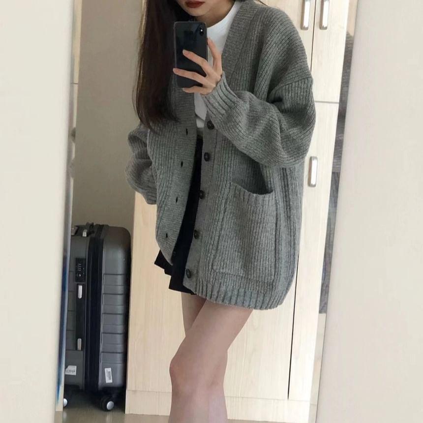 V-Neck Plain Button-Up Oversized Cardigan Product Image