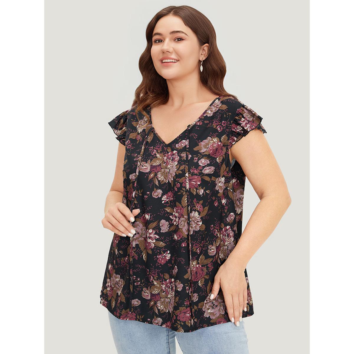 Plus Size Floral Print Tie Neck Flutter Trim Tank Top Women Black Elegant Cross straps Tie Neck Dailywear Tank Tops Camis BloomChic 30/6X Product Image