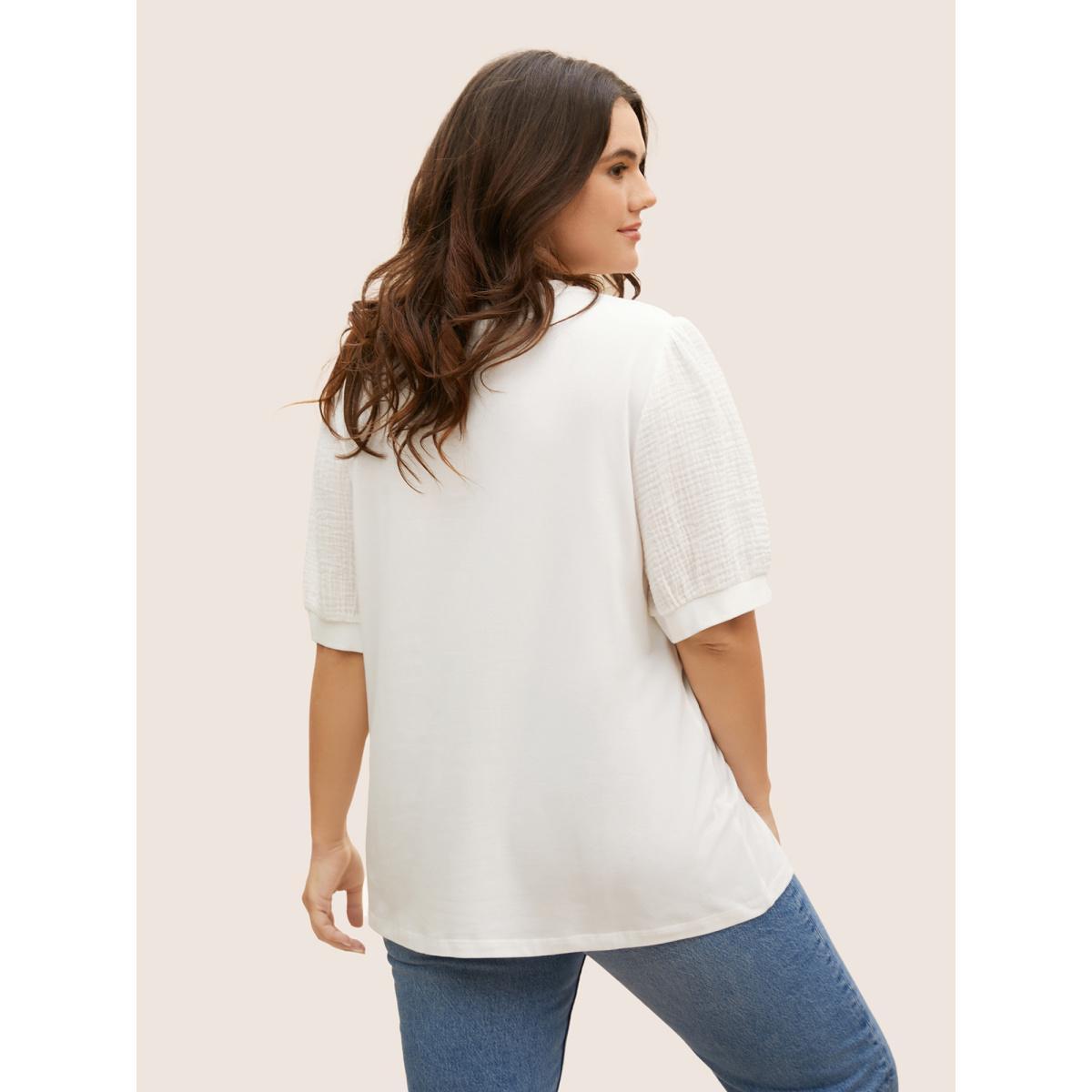 Plus Size Plain Textured Patchwork Lantern Sleeve T-Shirt WhiteSmoke Women Casual Texture Round Neck Everyday T-shirts BloomChic 26/4X Product Image