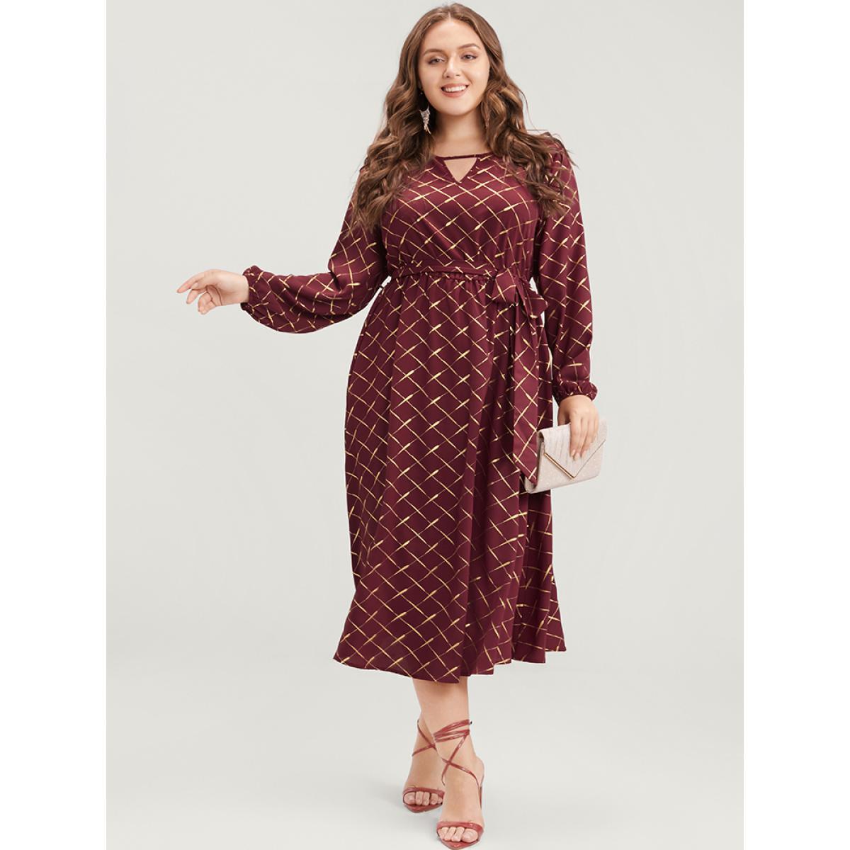 Plus Size Geometric Lantern Sleeve Pocket Keyhole Round Neck Belted Dress Scarlet Women Party Elastic Waist Round Neck Long Sleeve Curvy Midi Dress BloomChic 12/L Product Image