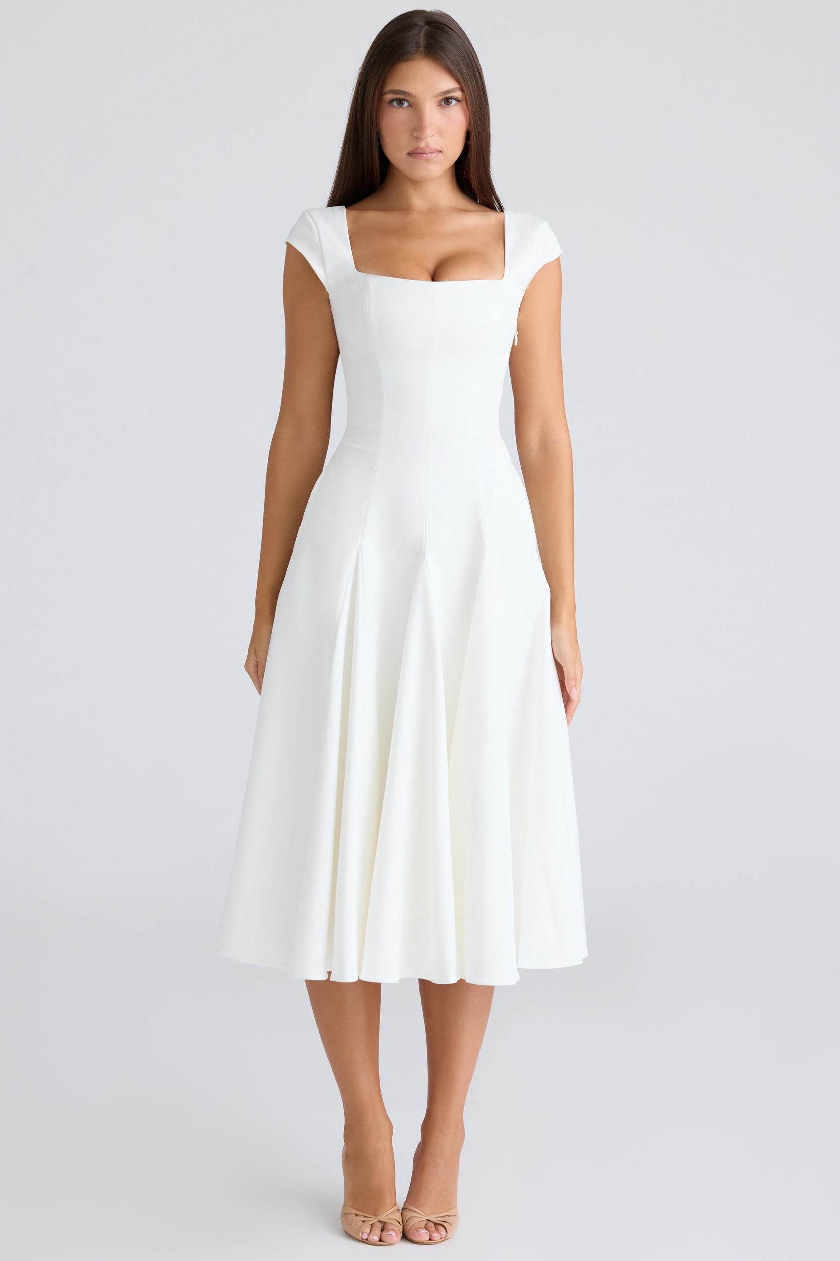 Raisa  white square neck twill midi dress Product Image