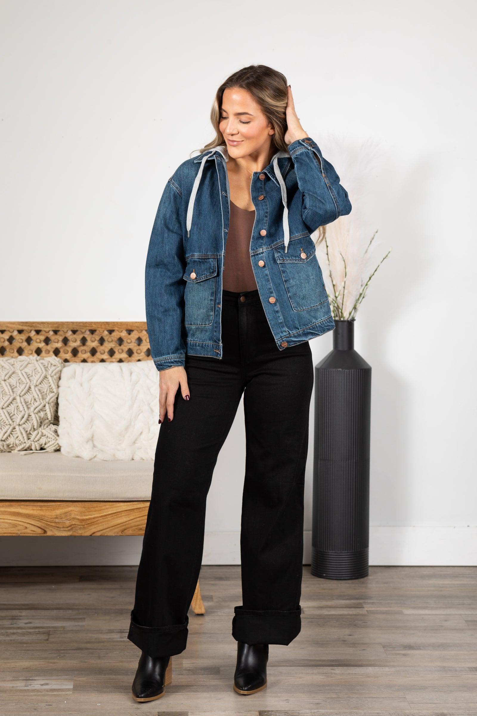 Risen Dark Wash Oversized Hoodie Denim Jacket Product Image