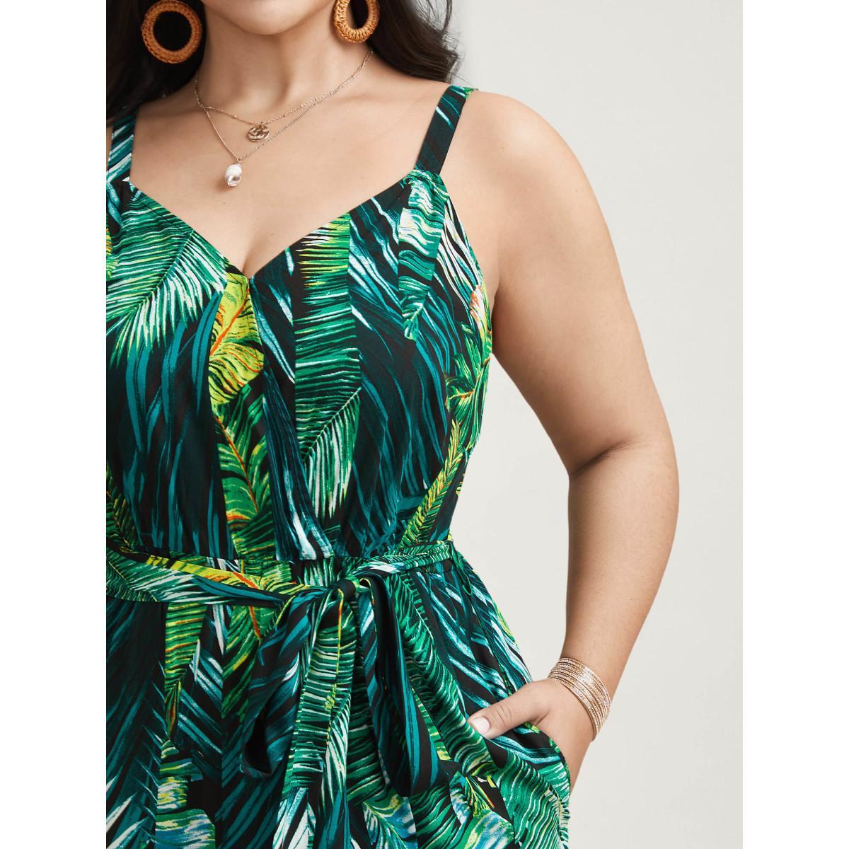 Plus Size BlackFlower Tropical Leaf Print Stretchy Belted Slit Jumpsuit Women Resort Sleeveless Overlap Collar Vacation Loose Jumpsuits BloomChic 14-16/1X Product Image
