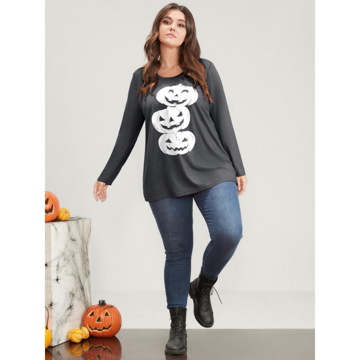 Plus Size Pumpkin Print Long Tee DarkGray Women Casual Printed Graphic-Halloween Round Neck Dailywear T-shirts BloomChic 18-20/2X Product Image