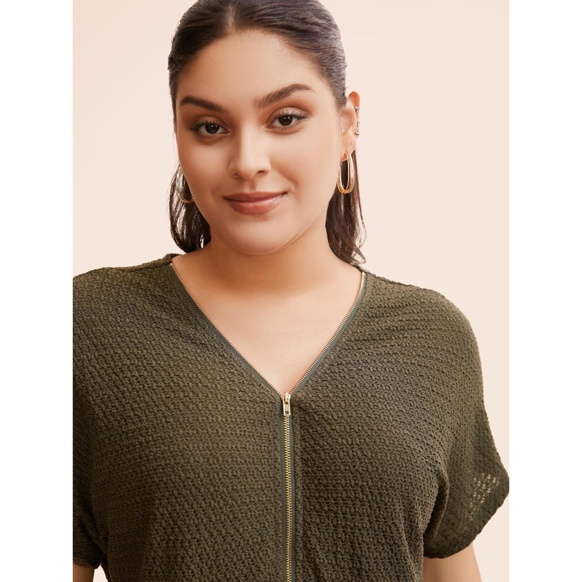 Plus Size Texture Half Zip Batwing Sleeve T-shirt ArmyGreen Women Casual Texture V-neck Everyday T-shirts BloomChic 22-24/3X Product Image