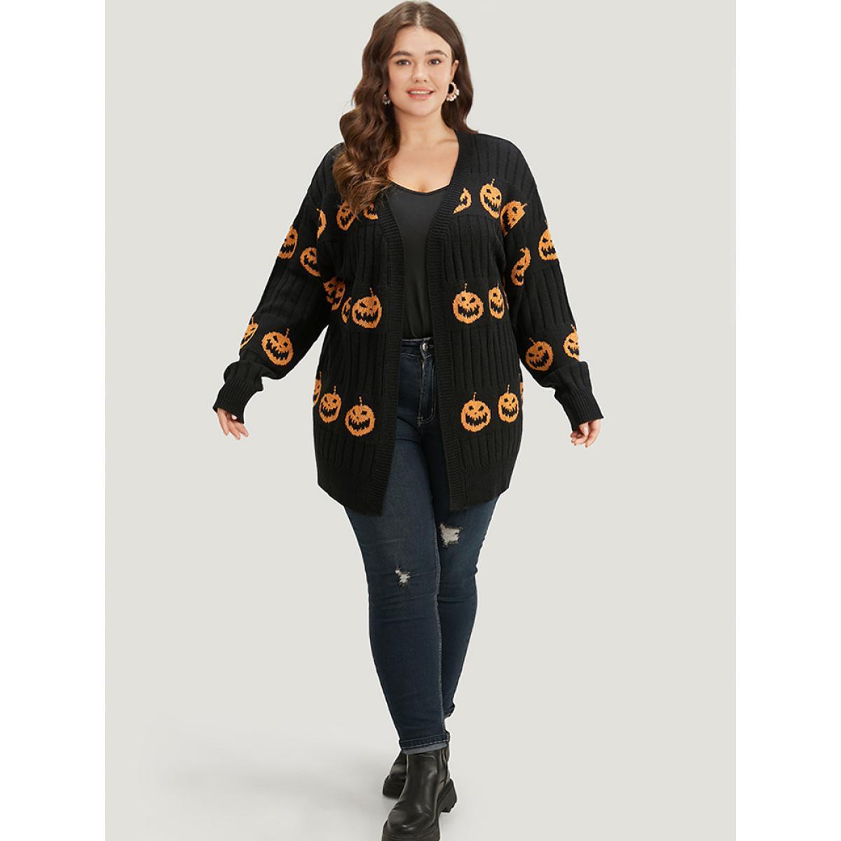 Plus Size Halloween Pumpkin Graphic Open Front Cardigan Black Women Casual Loose Long Sleeve Festival-Halloween Cardigans BloomChic 10/M Product Image