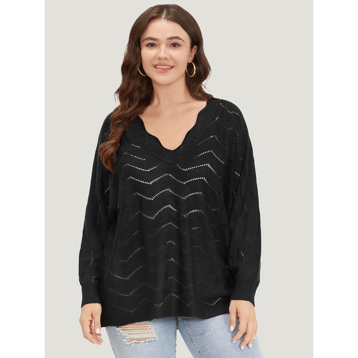 Plus Size Plain Geometric Eyelet Elastic Cuffs Patchwork Pullover Black Women Casual Loose Long Sleeve V-neck Dailywear Pullovers BloomChic 30/6X Product Image