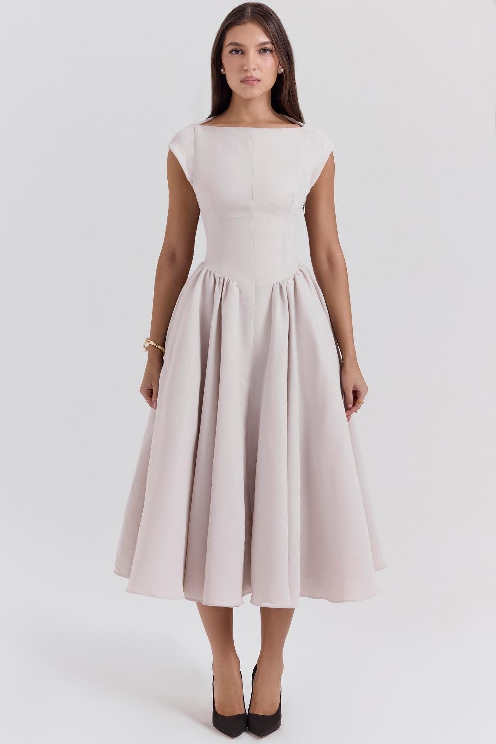 Debutante French Dove Moire Satin Backless Midi Dress Product Image